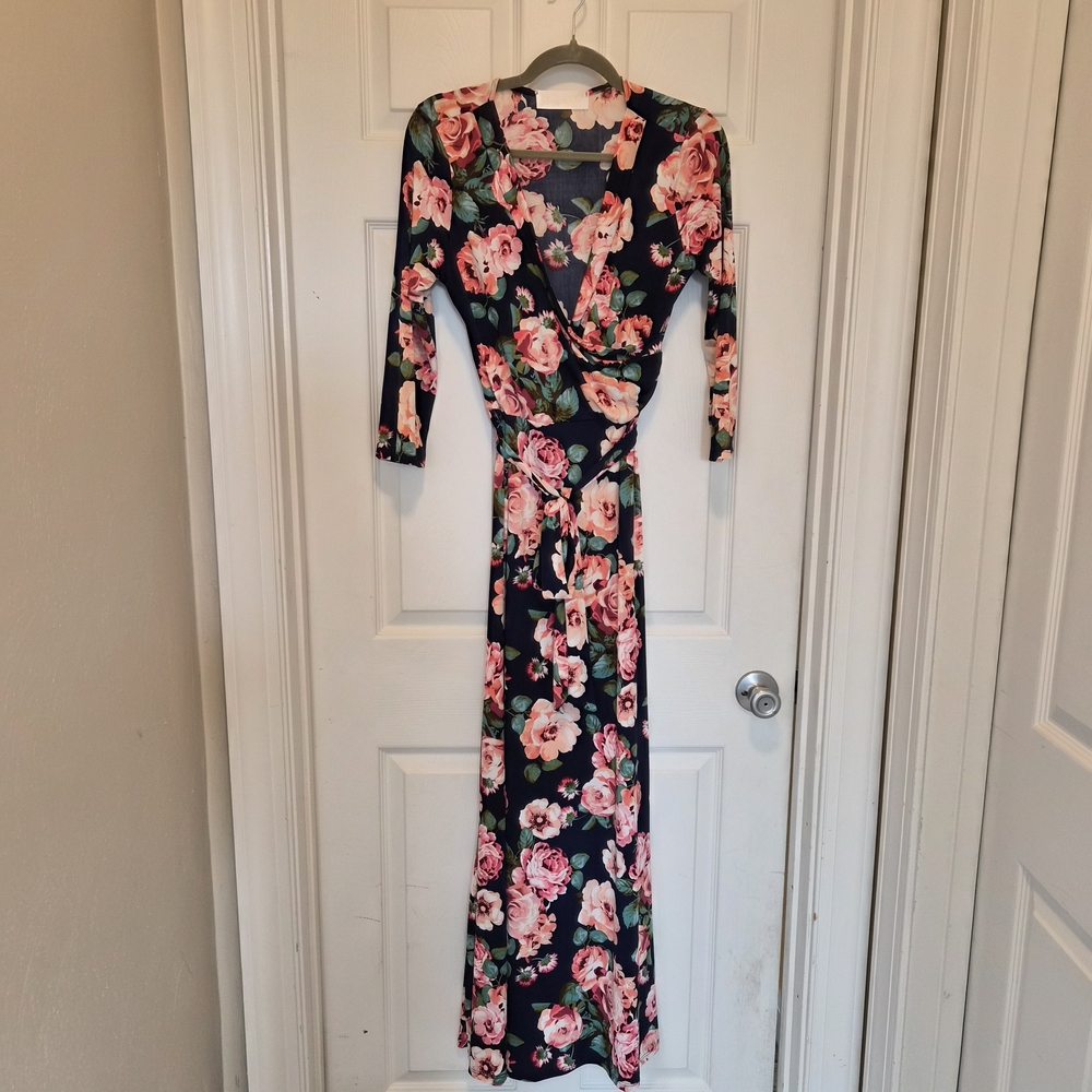 Love Kuza Floral Maxi Dress Small Navy Pink Rose Faux Wrap Long‎ Sleeve